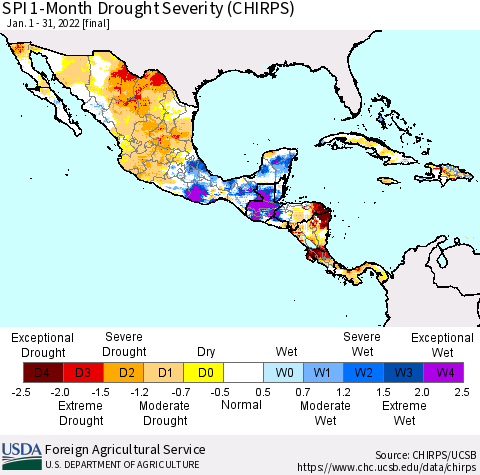 Mexico Central America and the Caribbean SPI 1-Month Drought Severity (CHIRPS) Thematic Map For 1/1/2022 - 1/31/2022