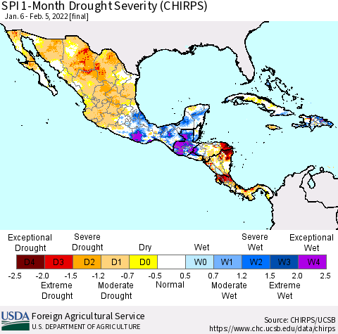 Mexico Central America and the Caribbean SPI 1-Month Drought Severity (CHIRPS) Thematic Map For 1/6/2022 - 2/5/2022