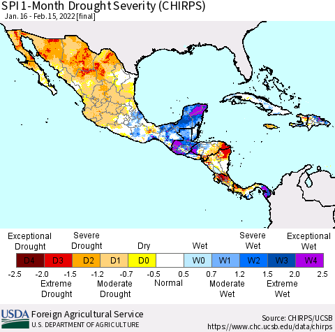 Mexico Central America and the Caribbean SPI 1-Month Drought Severity (CHIRPS) Thematic Map For 1/16/2022 - 2/15/2022
