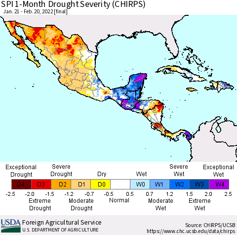 Mexico Central America and the Caribbean SPI 1-Month Drought Severity (CHIRPS) Thematic Map For 1/21/2022 - 2/20/2022