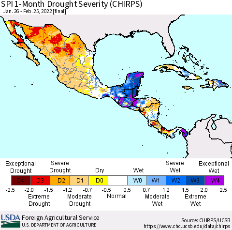 Mexico Central America and the Caribbean SPI 1-Month Drought Severity (CHIRPS) Thematic Map For 1/26/2022 - 2/25/2022