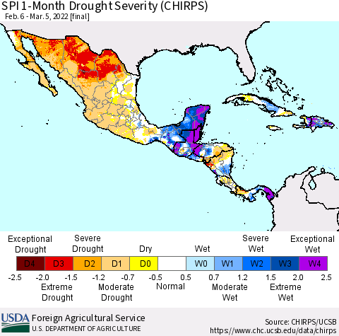Mexico Central America and the Caribbean SPI 1-Month Drought Severity (CHIRPS) Thematic Map For 2/6/2022 - 3/5/2022