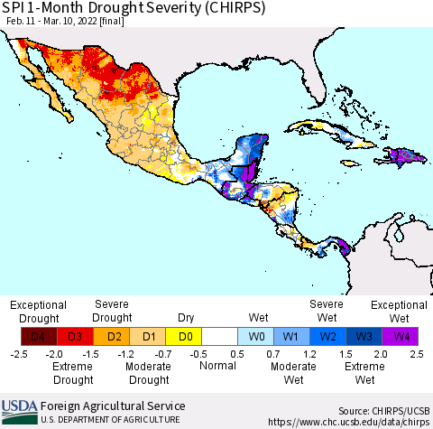 Mexico Central America and the Caribbean SPI 1-Month Drought Severity (CHIRPS) Thematic Map For 2/11/2022 - 3/10/2022