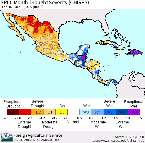Mexico Central America and the Caribbean SPI 1-Month Drought Severity (CHIRPS) Thematic Map For 2/16/2022 - 3/15/2022