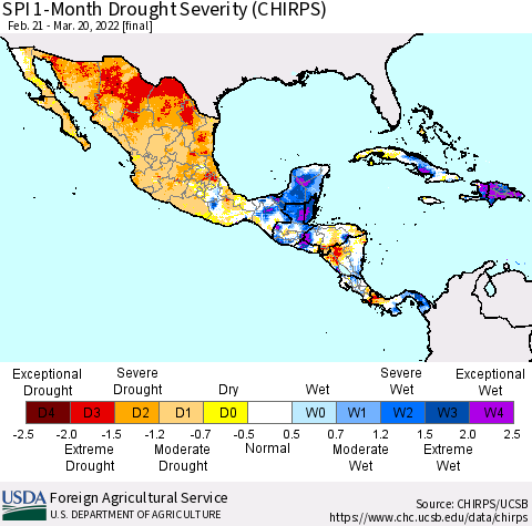 Mexico Central America and the Caribbean SPI 1-Month Drought Severity (CHIRPS) Thematic Map For 2/21/2022 - 3/20/2022