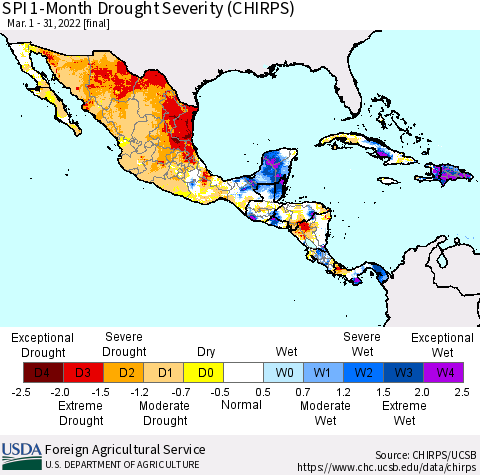 Mexico Central America and the Caribbean SPI 1-Month Drought Severity (CHIRPS) Thematic Map For 3/1/2022 - 3/31/2022