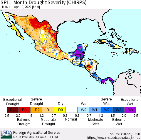 Mexico Central America and the Caribbean SPI 1-Month Drought Severity (CHIRPS) Thematic Map For 3/11/2022 - 4/10/2022