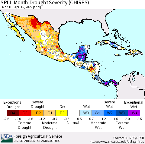 Mexico Central America and the Caribbean SPI 1-Month Drought Severity (CHIRPS) Thematic Map For 3/16/2022 - 4/15/2022