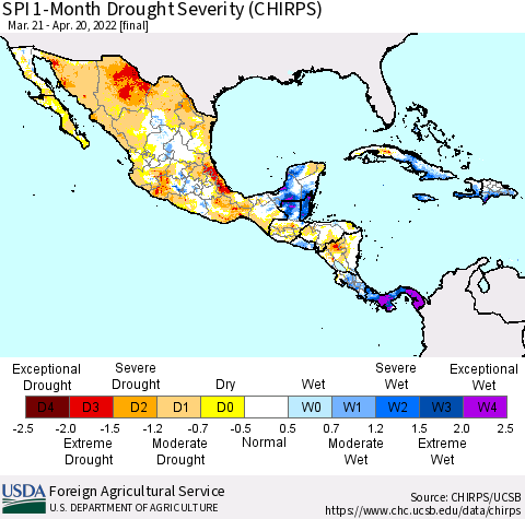 Mexico Central America and the Caribbean SPI 1-Month Drought Severity (CHIRPS) Thematic Map For 3/21/2022 - 4/20/2022