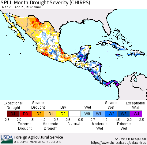 Mexico Central America and the Caribbean SPI 1-Month Drought Severity (CHIRPS) Thematic Map For 3/26/2022 - 4/25/2022