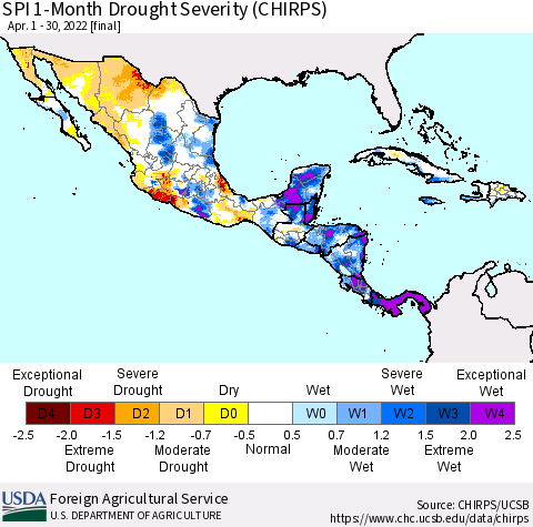 Mexico Central America and the Caribbean SPI 1-Month Drought Severity (CHIRPS) Thematic Map For 4/1/2022 - 4/30/2022