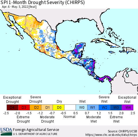 Mexico Central America and the Caribbean SPI 1-Month Drought Severity (CHIRPS) Thematic Map For 4/6/2022 - 5/5/2022