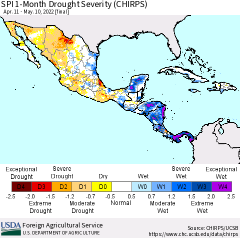 Mexico Central America and the Caribbean SPI 1-Month Drought Severity (CHIRPS) Thematic Map For 4/11/2022 - 5/10/2022