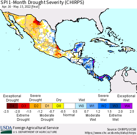 Mexico Central America and the Caribbean SPI 1-Month Drought Severity (CHIRPS) Thematic Map For 4/16/2022 - 5/15/2022