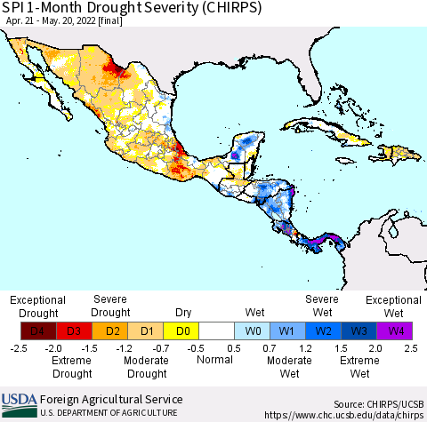 Mexico Central America and the Caribbean SPI 1-Month Drought Severity (CHIRPS) Thematic Map For 4/21/2022 - 5/20/2022