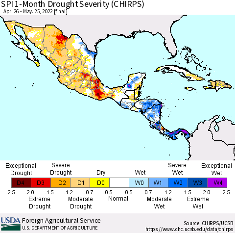 Mexico Central America and the Caribbean SPI 1-Month Drought Severity (CHIRPS) Thematic Map For 4/26/2022 - 5/25/2022