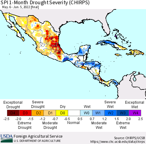 Mexico Central America and the Caribbean SPI 1-Month Drought Severity (CHIRPS) Thematic Map For 5/6/2022 - 6/5/2022