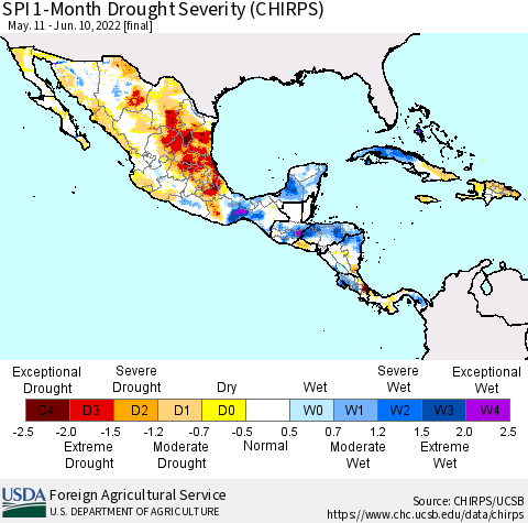 Mexico Central America and the Caribbean SPI 1-Month Drought Severity (CHIRPS) Thematic Map For 5/11/2022 - 6/10/2022