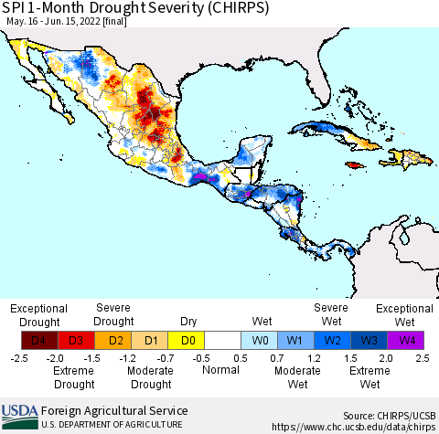 Mexico Central America and the Caribbean SPI 1-Month Drought Severity (CHIRPS) Thematic Map For 5/16/2022 - 6/15/2022