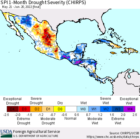 Mexico Central America and the Caribbean SPI 1-Month Drought Severity (CHIRPS) Thematic Map For 5/21/2022 - 6/20/2022