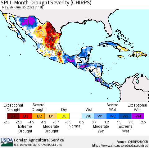 Mexico Central America and the Caribbean SPI 1-Month Drought Severity (CHIRPS) Thematic Map For 5/26/2022 - 6/25/2022