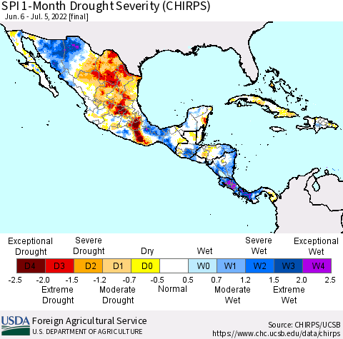 Mexico Central America and the Caribbean SPI 1-Month Drought Severity (CHIRPS) Thematic Map For 6/6/2022 - 7/5/2022
