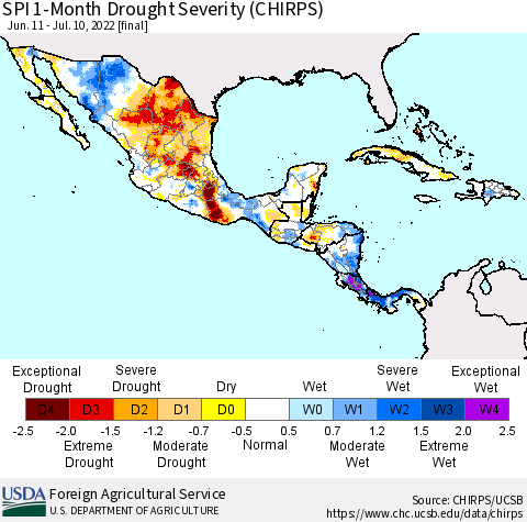 Mexico Central America and the Caribbean SPI 1-Month Drought Severity (CHIRPS) Thematic Map For 6/11/2022 - 7/10/2022