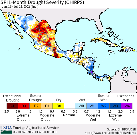 Mexico Central America and the Caribbean SPI 1-Month Drought Severity (CHIRPS) Thematic Map For 6/16/2022 - 7/15/2022