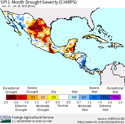 Mexico Central America and the Caribbean SPI 1-Month Drought Severity (CHIRPS) Thematic Map For 6/21/2022 - 7/20/2022