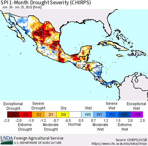 Mexico Central America and the Caribbean SPI 1-Month Drought Severity (CHIRPS) Thematic Map For 6/26/2022 - 7/25/2022