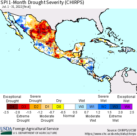 Mexico Central America and the Caribbean SPI 1-Month Drought Severity (CHIRPS) Thematic Map For 7/1/2022 - 7/31/2022