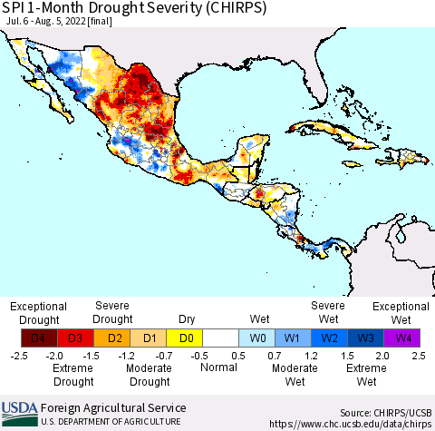 Mexico Central America and the Caribbean SPI 1-Month Drought Severity (CHIRPS) Thematic Map For 7/6/2022 - 8/5/2022