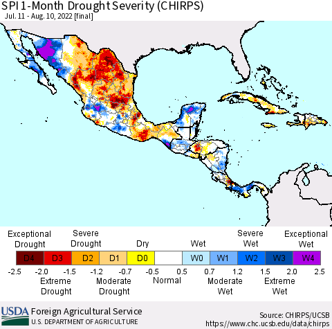 Mexico Central America and the Caribbean SPI 1-Month Drought Severity (CHIRPS) Thematic Map For 7/11/2022 - 8/10/2022