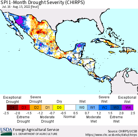 Mexico Central America and the Caribbean SPI 1-Month Drought Severity (CHIRPS) Thematic Map For 7/16/2022 - 8/15/2022