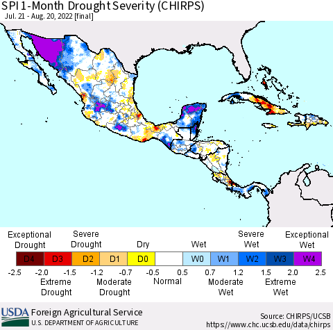 Mexico Central America and the Caribbean SPI 1-Month Drought Severity (CHIRPS) Thematic Map For 7/21/2022 - 8/20/2022