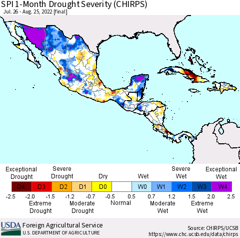 Mexico Central America and the Caribbean SPI 1-Month Drought Severity (CHIRPS) Thematic Map For 7/26/2022 - 8/25/2022