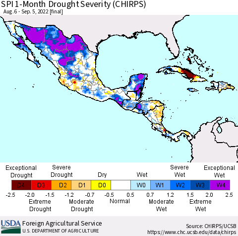 Mexico Central America and the Caribbean SPI 1-Month Drought Severity (CHIRPS) Thematic Map For 8/6/2022 - 9/5/2022