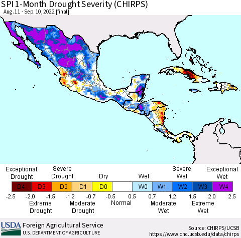 Mexico Central America and the Caribbean SPI 1-Month Drought Severity (CHIRPS) Thematic Map For 8/11/2022 - 9/10/2022