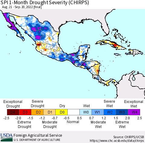 Mexico Central America and the Caribbean SPI 1-Month Drought Severity (CHIRPS) Thematic Map For 8/21/2022 - 9/20/2022