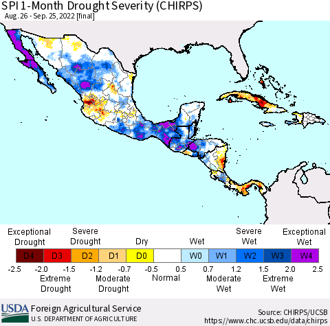 Mexico Central America and the Caribbean SPI 1-Month Drought Severity (CHIRPS) Thematic Map For 8/26/2022 - 9/25/2022
