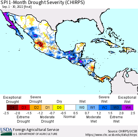 Mexico Central America and the Caribbean SPI 1-Month Drought Severity (CHIRPS) Thematic Map For 9/1/2022 - 9/30/2022