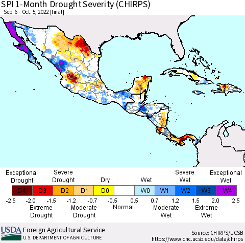 Mexico Central America and the Caribbean SPI 1-Month Drought Severity (CHIRPS) Thematic Map For 9/6/2022 - 10/5/2022