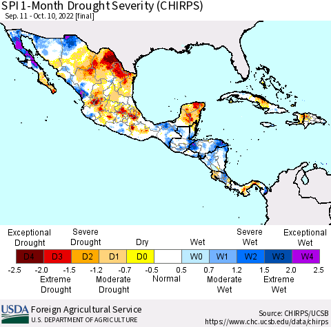 Mexico Central America and the Caribbean SPI 1-Month Drought Severity (CHIRPS) Thematic Map For 9/11/2022 - 10/10/2022