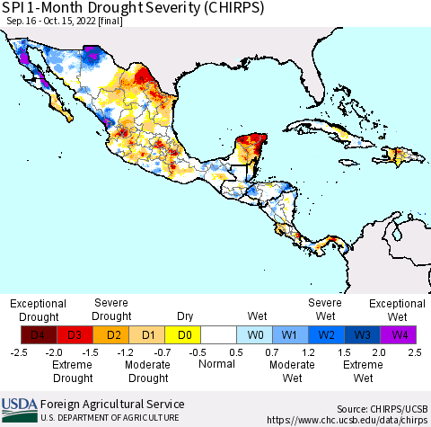 Mexico Central America and the Caribbean SPI 1-Month Drought Severity (CHIRPS) Thematic Map For 9/16/2022 - 10/15/2022