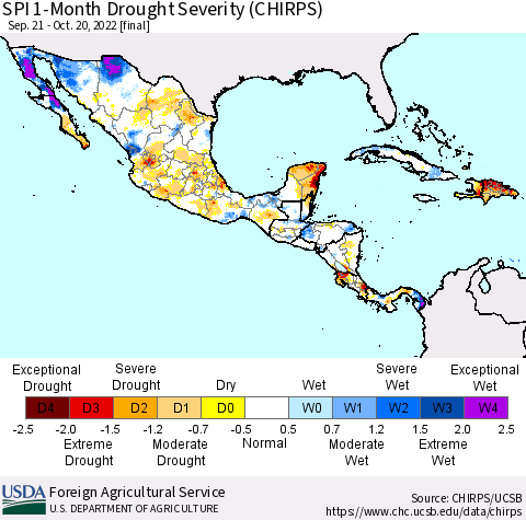 Mexico Central America and the Caribbean SPI 1-Month Drought Severity (CHIRPS) Thematic Map For 9/21/2022 - 10/20/2022