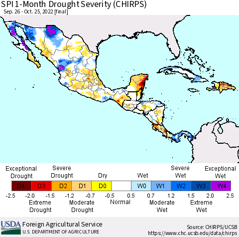 Mexico Central America and the Caribbean SPI 1-Month Drought Severity (CHIRPS) Thematic Map For 9/26/2022 - 10/25/2022