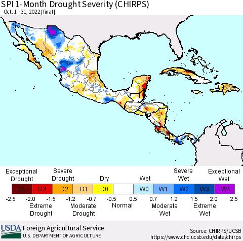 Mexico Central America and the Caribbean SPI 1-Month Drought Severity (CHIRPS) Thematic Map For 10/1/2022 - 10/31/2022