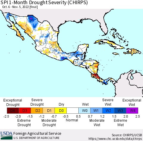 Mexico Central America and the Caribbean SPI 1-Month Drought Severity (CHIRPS) Thematic Map For 10/6/2022 - 11/5/2022