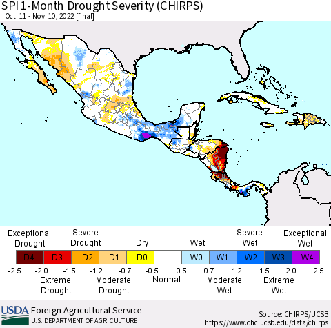 Mexico Central America and the Caribbean SPI 1-Month Drought Severity (CHIRPS) Thematic Map For 10/11/2022 - 11/10/2022