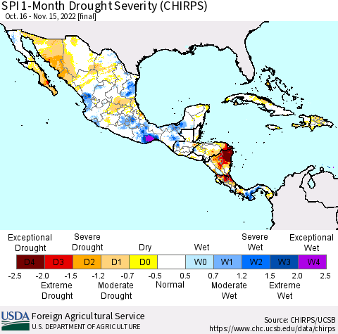 Mexico Central America and the Caribbean SPI 1-Month Drought Severity (CHIRPS) Thematic Map For 10/16/2022 - 11/15/2022